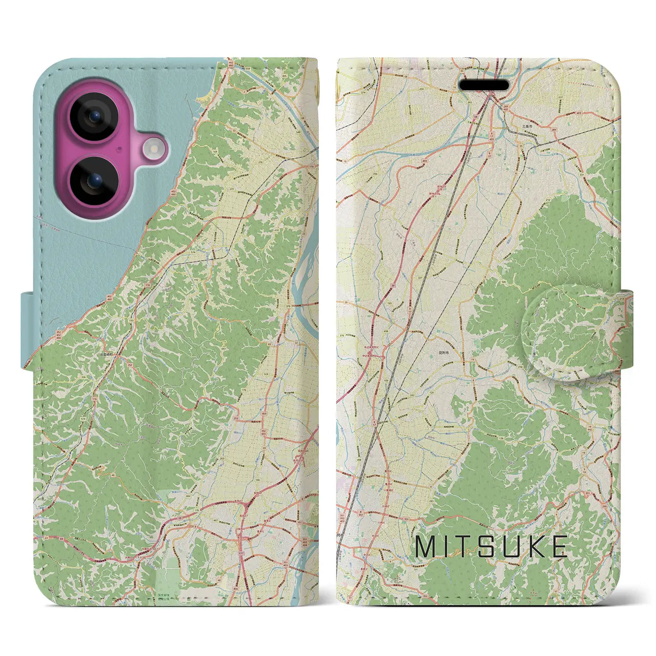 【見附（新潟県）】地図柄iPhoneケース（手帳タイプ）ナチュラル・iPhone 16 Pro 用