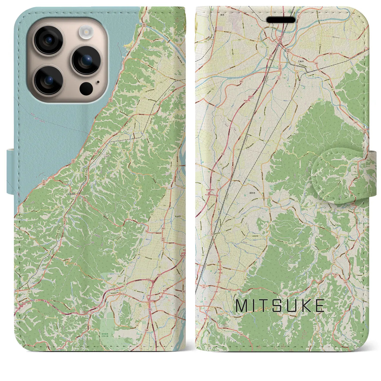 【見附（新潟県）】地図柄iPhoneケース（手帳タイプ）ナチュラル・iPhone 16 Plus 用