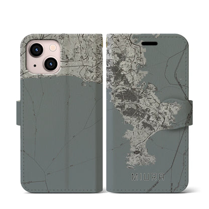 【三浦2（神奈川県）】地図柄iPhoneケース（手帳タイプ）モノトーン・iPhone 13 mini 用