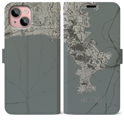 【三浦2（神奈川県）】地図柄iPhoneケース（手帳タイプ）モノトーン・iPhone 15 Plus 用