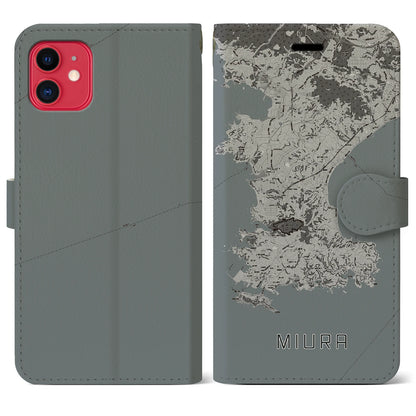 【三浦（神奈川県）】地図柄iPhoneケース（手帳タイプ）モノトーン・iPhone 11 用