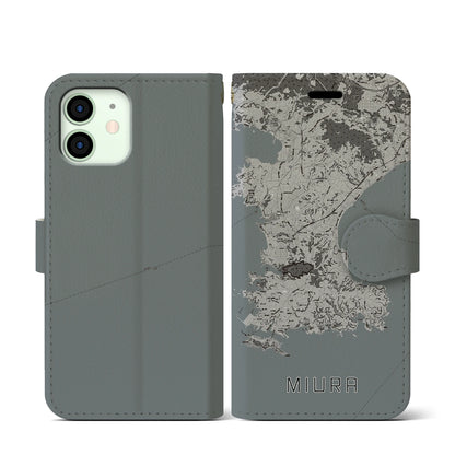 【三浦（神奈川県）】地図柄iPhoneケース（手帳タイプ）モノトーン・iPhone 12 mini 用