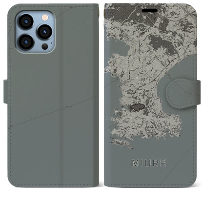 【三浦（神奈川県）】地図柄iPhoneケース（手帳タイプ）モノトーン・iPhone 13 Pro Max 用