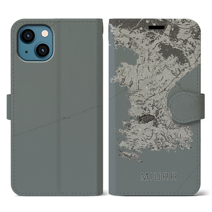 【三浦（神奈川県）】地図柄iPhoneケース（手帳タイプ）モノトーン・iPhone 13 用