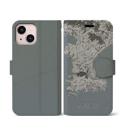 【三浦（神奈川県）】地図柄iPhoneケース（手帳タイプ）モノトーン・iPhone 13 mini 用