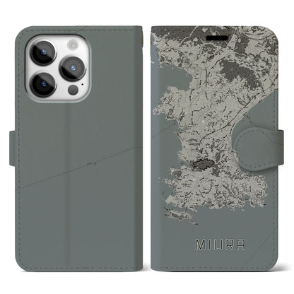 【三浦（神奈川県）】地図柄iPhoneケース（手帳タイプ）モノトーン・iPhone 14 Pro 用