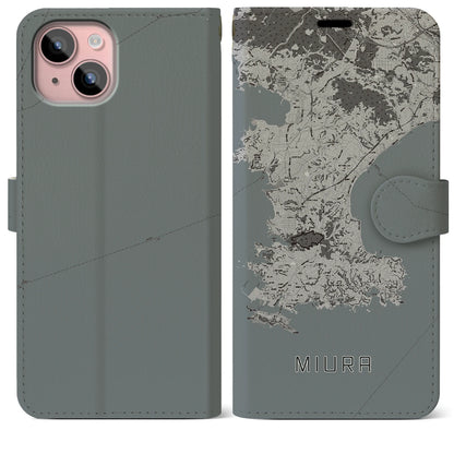 【三浦（神奈川県）】地図柄iPhoneケース（手帳タイプ）モノトーン・iPhone 15 Plus 用