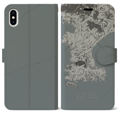 【三浦（神奈川県）】地図柄iPhoneケース（手帳タイプ）モノトーン・iPhone XS Max 用