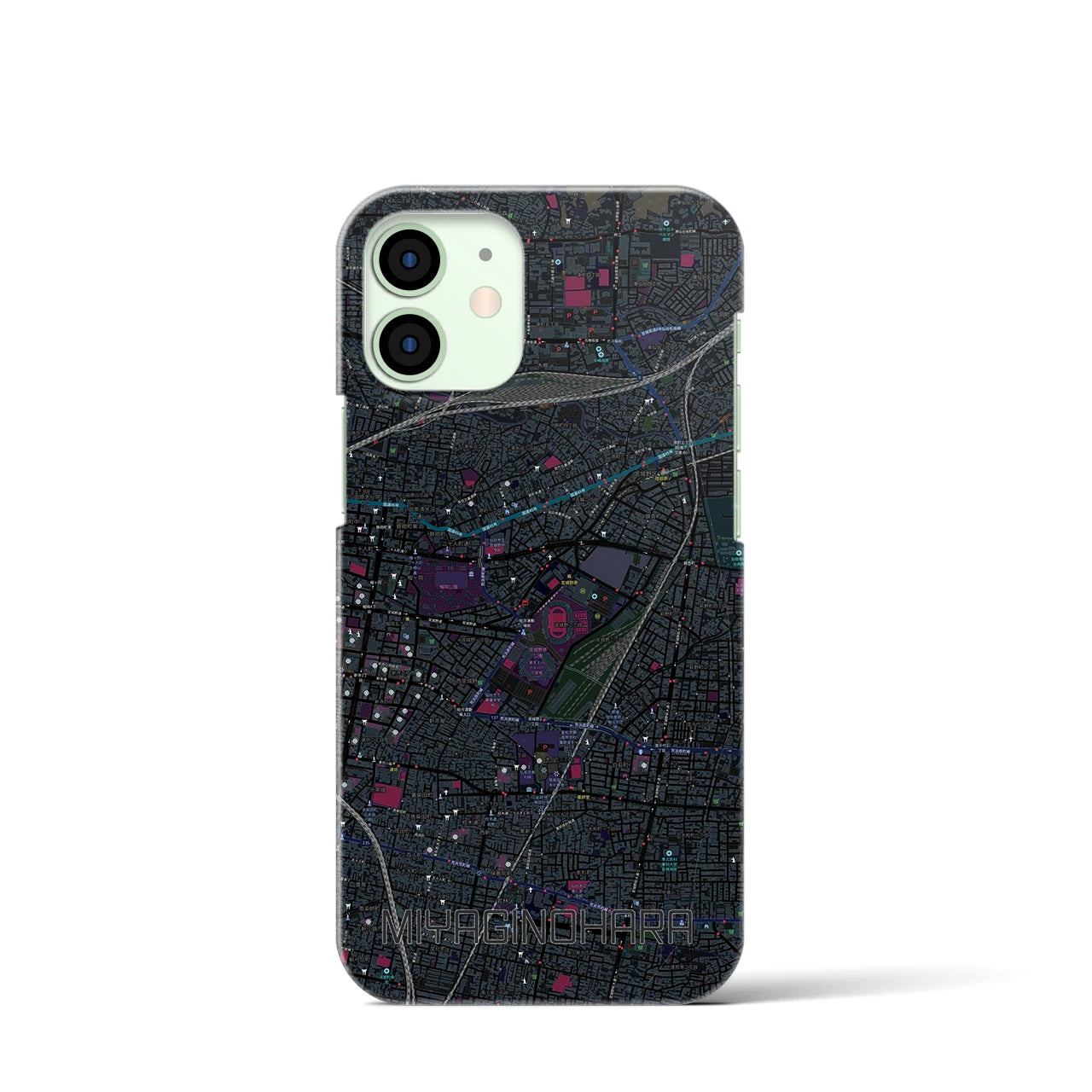 【宮城野原】地図柄iPhoneケース（バックカバータイプ・ブラック）iPhone 12 mini 用
