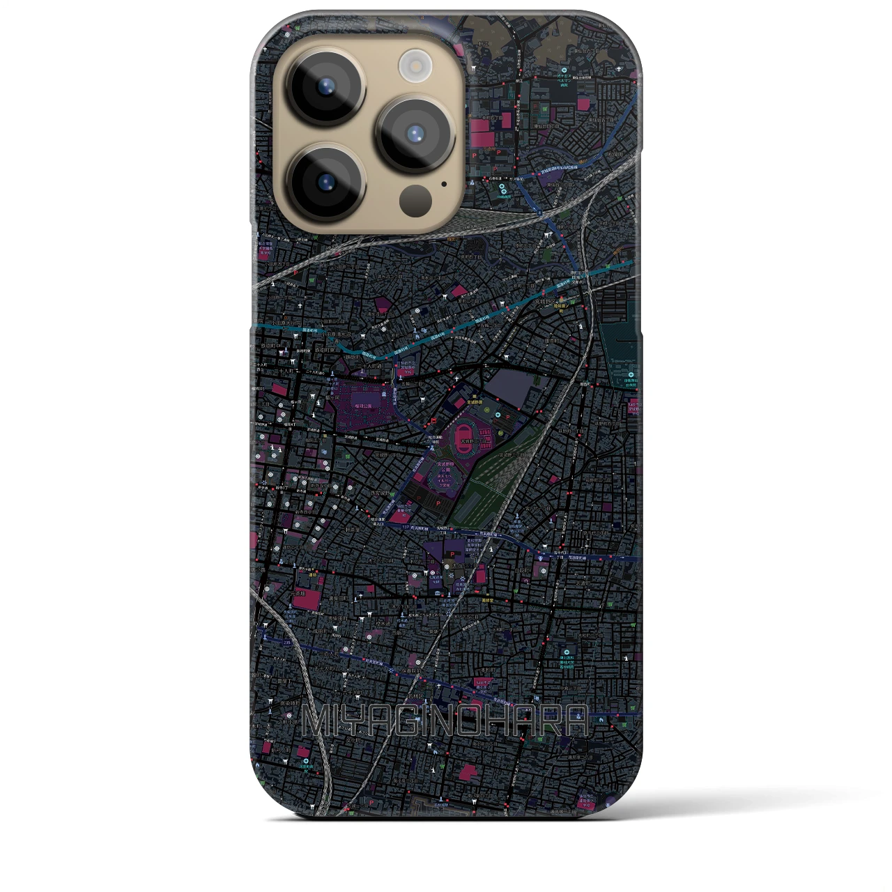 【宮城野原】地図柄iPhoneケース（バックカバータイプ・ブラック）iPhone 14 Pro Max 用