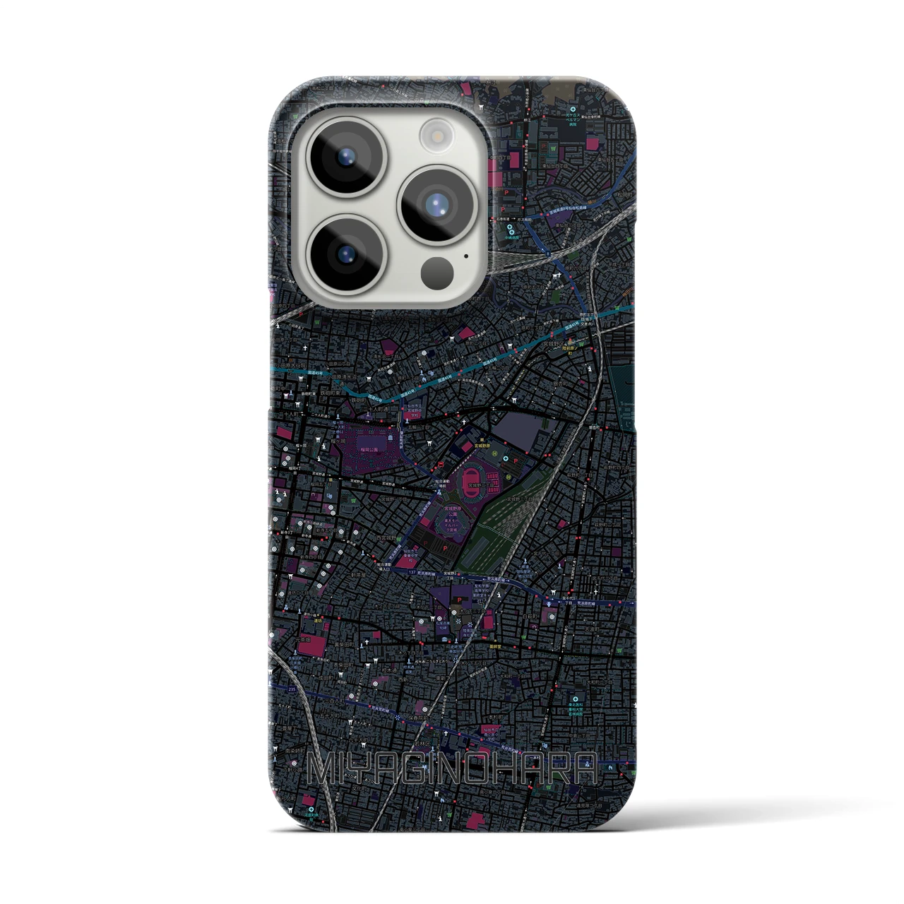 【宮城野原】地図柄iPhoneケース（バックカバータイプ・ブラック）iPhone 15 Pro 用