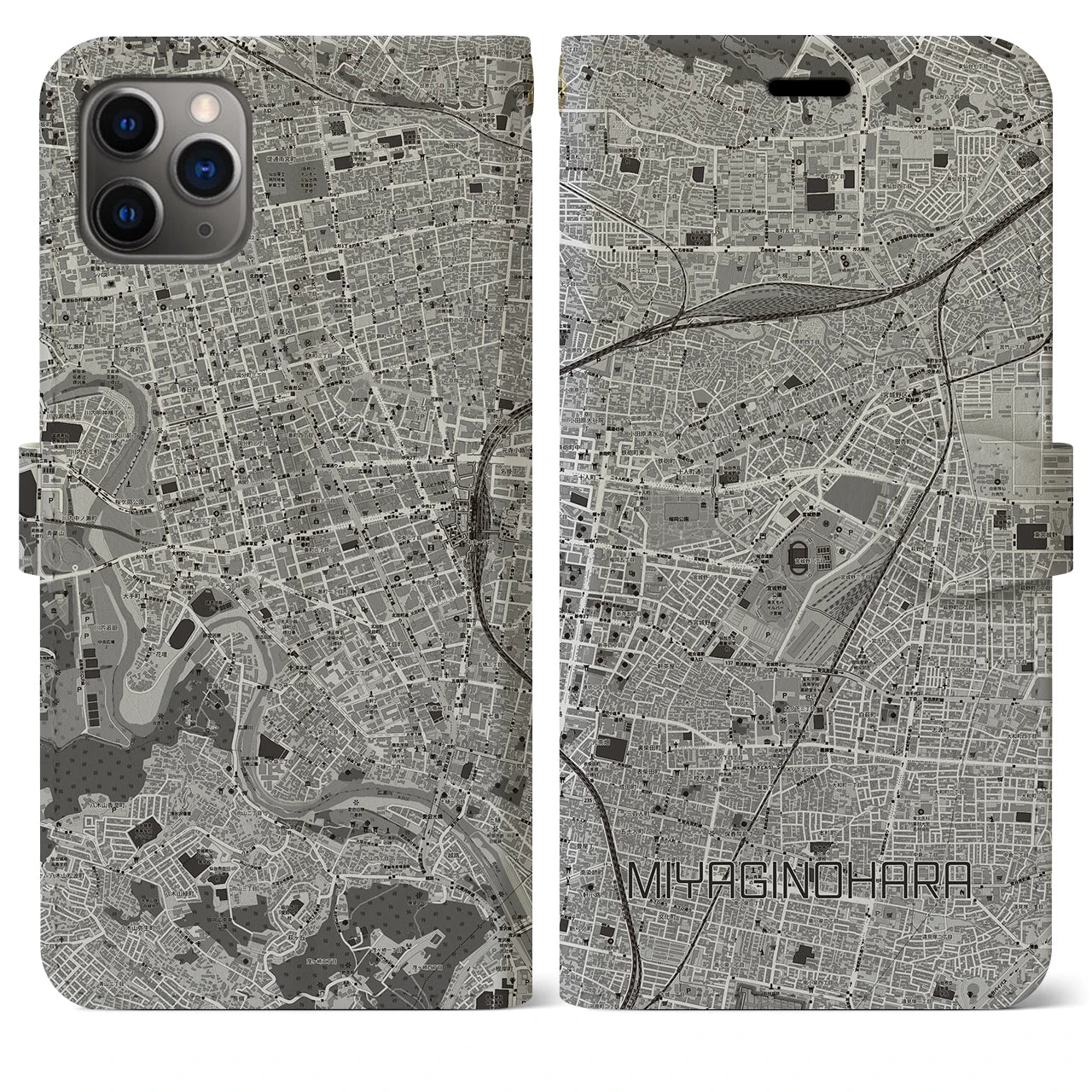 【宮城野原】地図柄iPhoneケース（手帳両面タイプ・モノトーン）iPhone 11 Pro Max 用