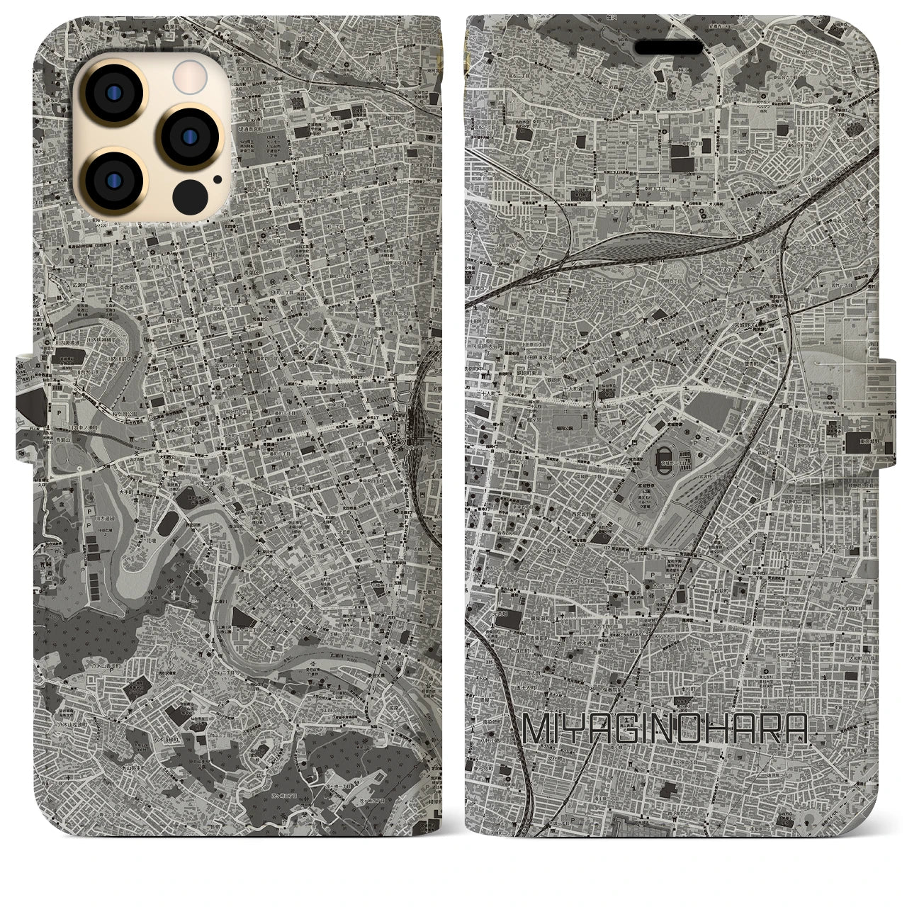 【宮城野原】地図柄iPhoneケース（手帳両面タイプ・モノトーン）iPhone 12 Pro Max 用