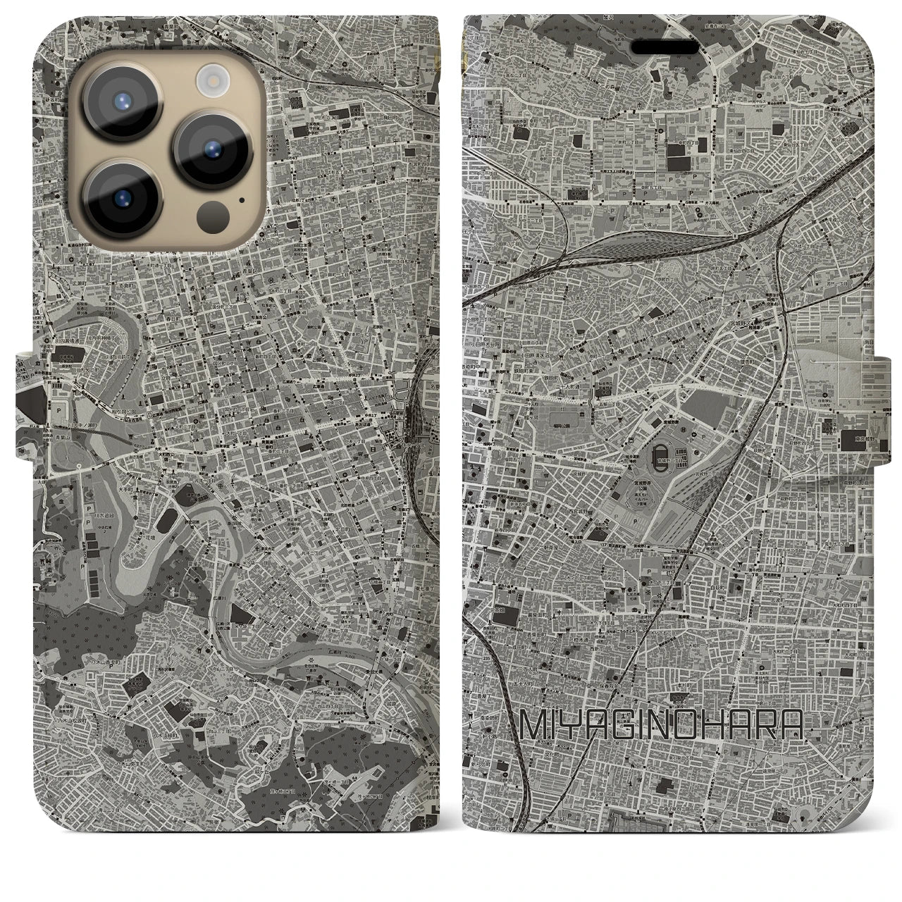 【宮城野原】地図柄iPhoneケース（手帳両面タイプ・モノトーン）iPhone 14 Pro Max 用