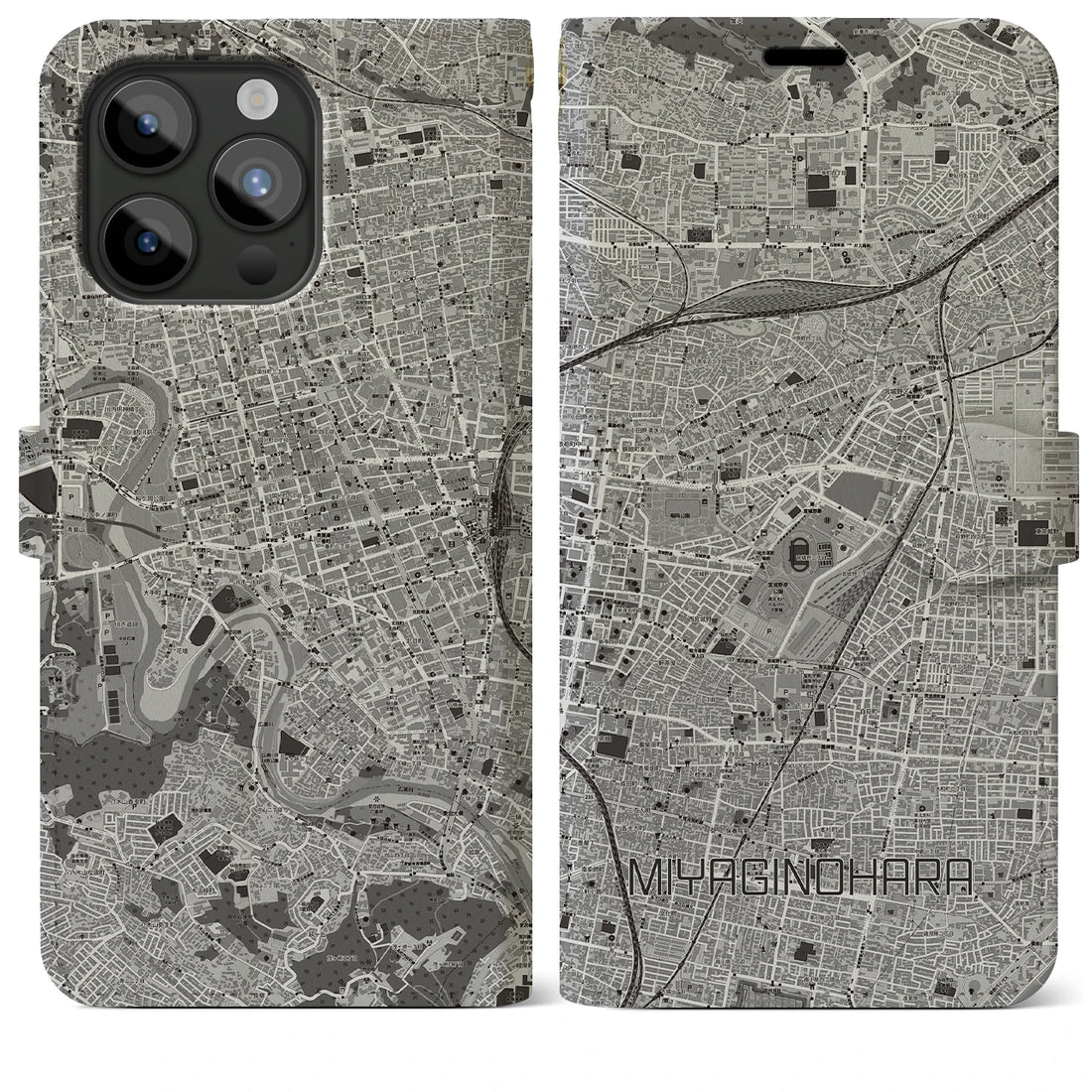 【宮城野原】地図柄iPhoneケース（手帳両面タイプ・モノトーン）iPhone 15 Pro Max 用
