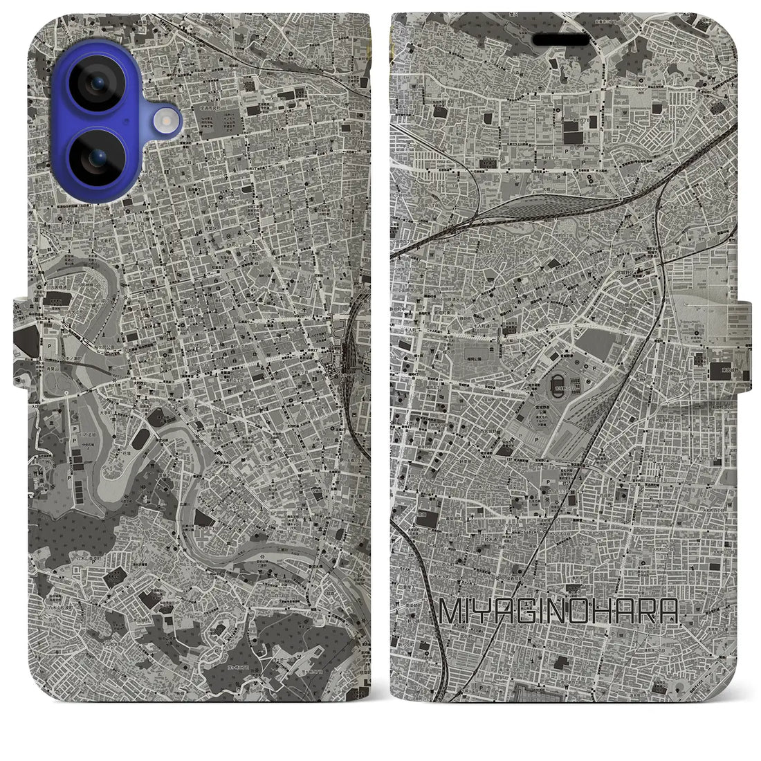 【宮城野原(宮城県)】地図柄iPhoneケース(手帳タイプ)モノトーン・iPhone 16 Pro Max 用