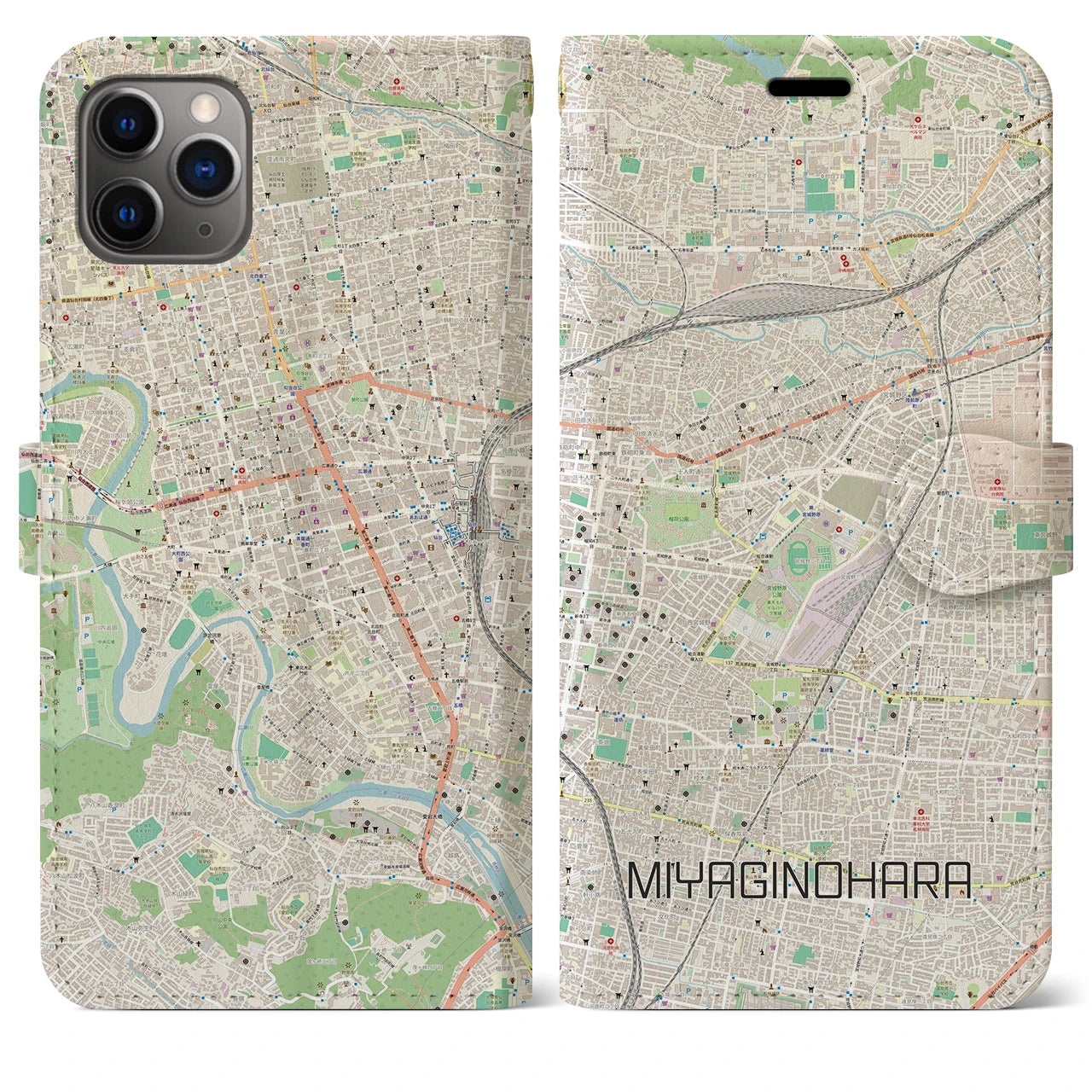【宮城野原】地図柄iPhoneケース（手帳両面タイプ・ナチュラル）iPhone 11 Pro Max 用