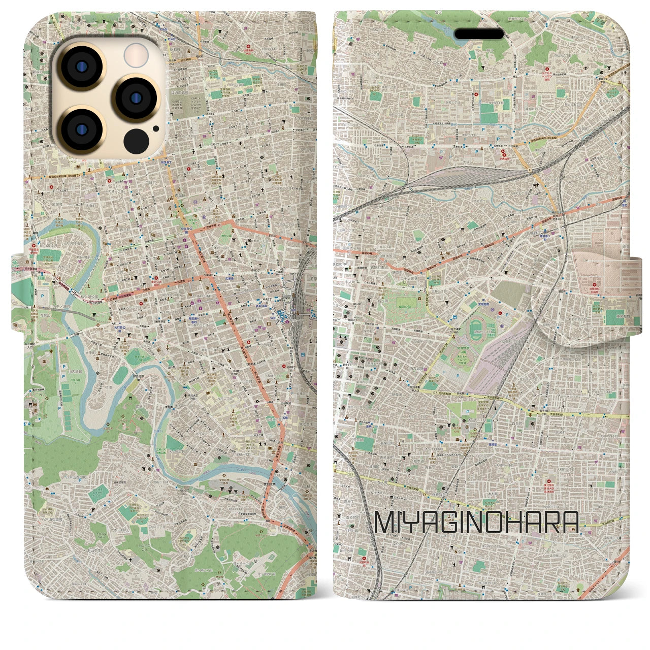 【宮城野原】地図柄iPhoneケース（手帳両面タイプ・ナチュラル）iPhone 12 Pro Max 用