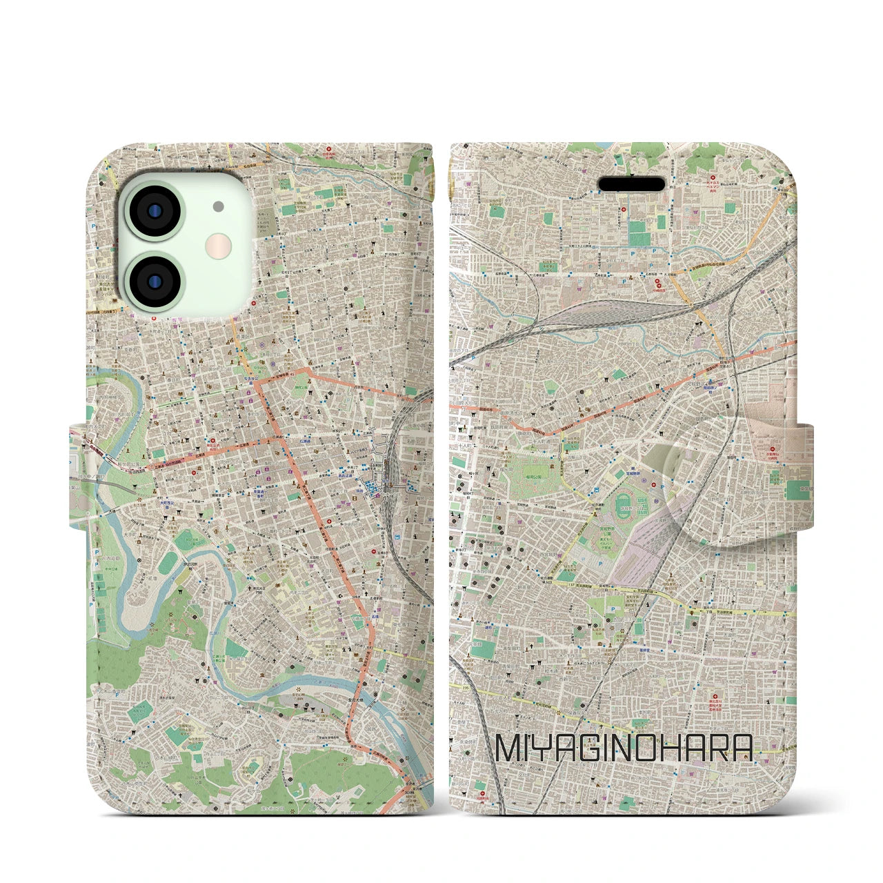 【宮城野原】地図柄iPhoneケース（手帳両面タイプ・ナチュラル）iPhone 12 mini 用