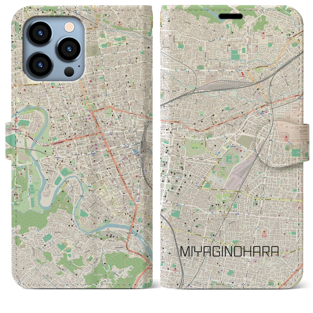 【宮城野原】地図柄iPhoneケース（手帳両面タイプ・ナチュラル）iPhone 13 Pro Max 用