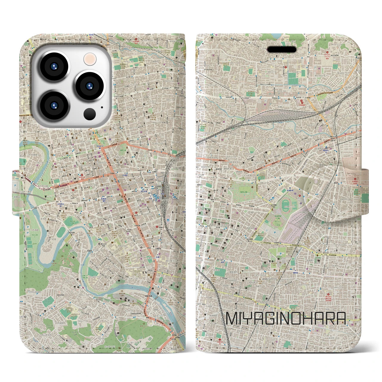 【宮城野原】地図柄iPhoneケース（手帳両面タイプ・ナチュラル）iPhone 13 Pro 用
