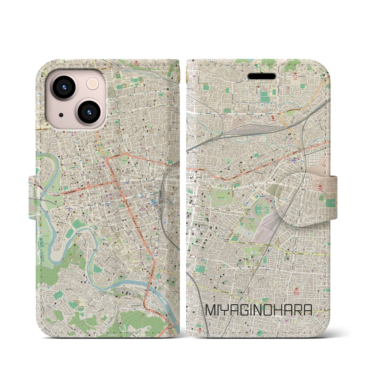 【宮城野原】地図柄iPhoneケース（手帳両面タイプ・ナチュラル）iPhone 13 mini 用