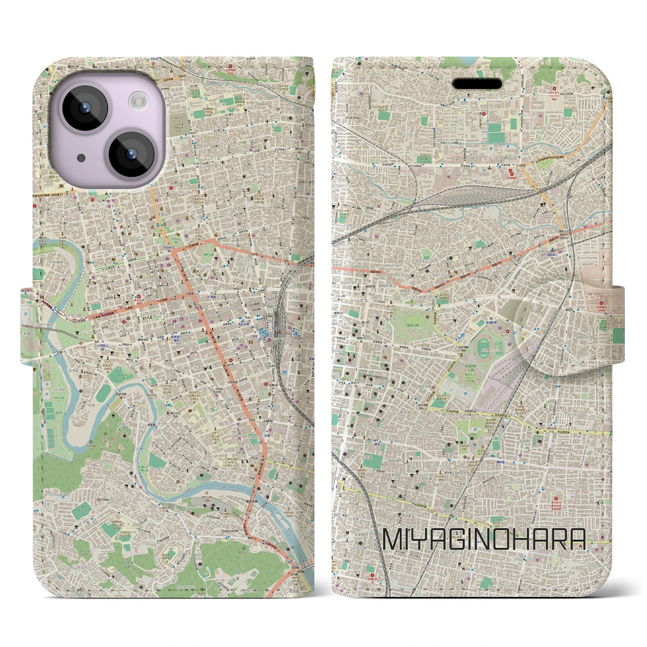 【宮城野原】地図柄iPhoneケース（手帳両面タイプ・ナチュラル）iPhone 14 用