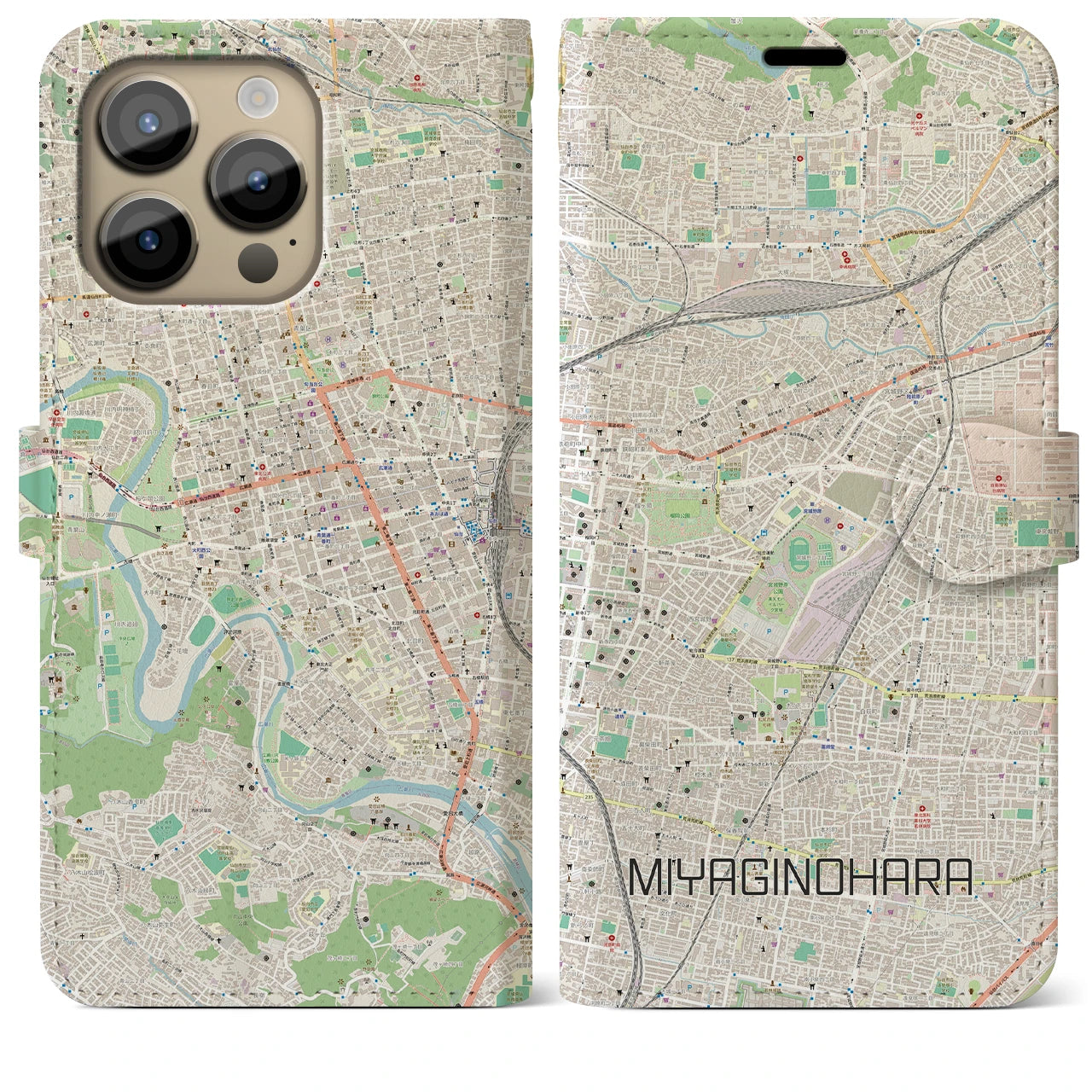 【宮城野原】地図柄iPhoneケース（手帳両面タイプ・ナチュラル）iPhone 14 Pro Max 用
