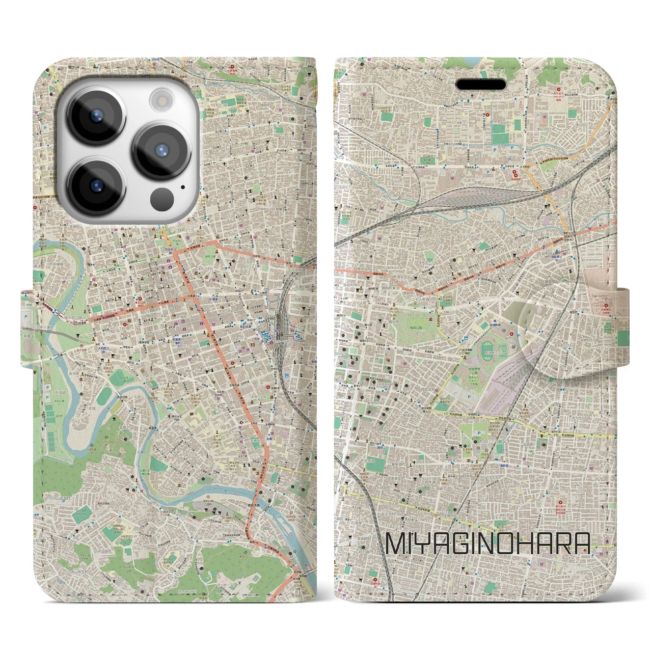 【宮城野原】地図柄iPhoneケース（手帳両面タイプ・ナチュラル）iPhone 14 Pro 用