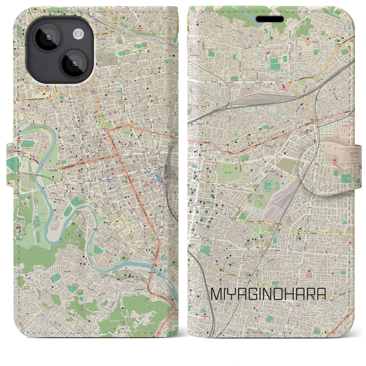 【宮城野原】地図柄iPhoneケース（手帳両面タイプ・ナチュラル）iPhone 14 Plus 用
