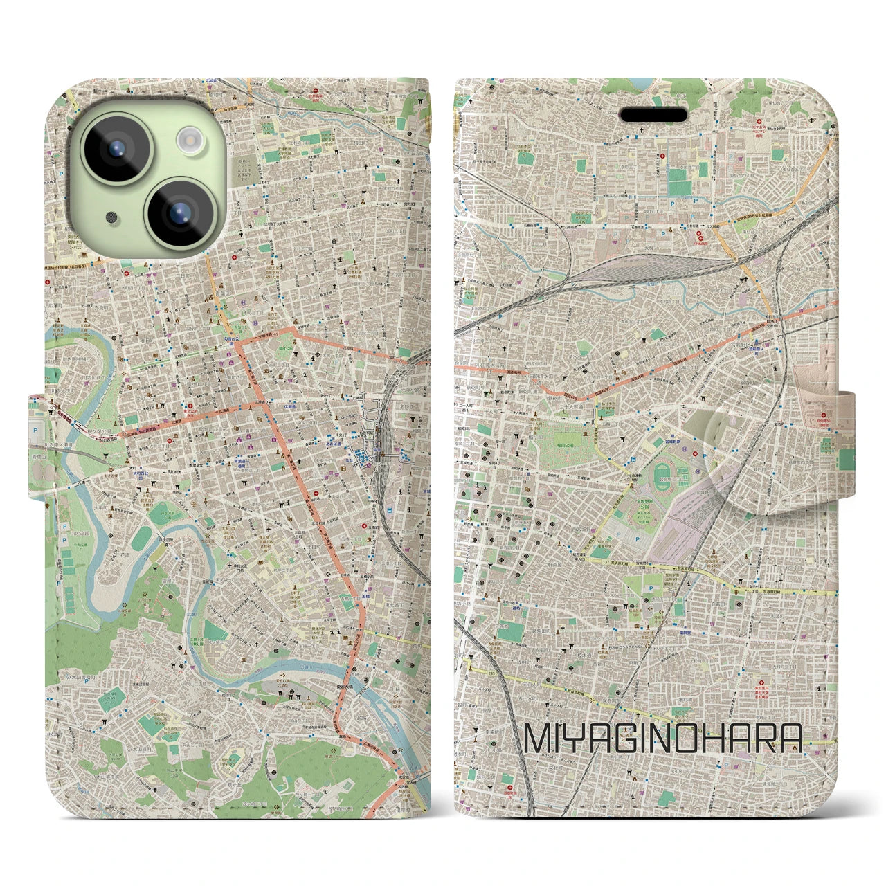 【宮城野原】地図柄iPhoneケース（手帳両面タイプ・ナチュラル）iPhone 15 用