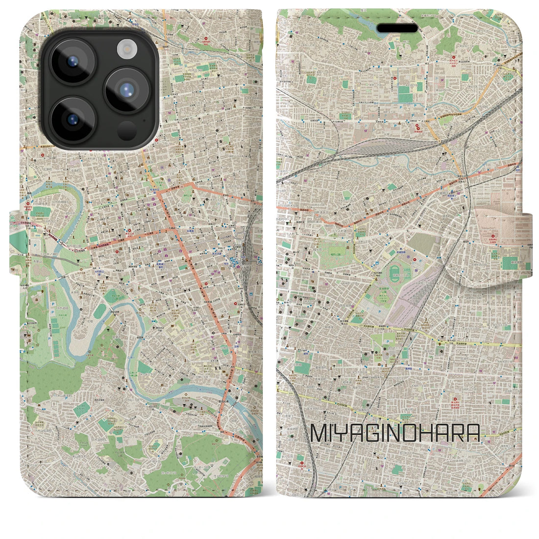 【宮城野原】地図柄iPhoneケース（手帳両面タイプ・ナチュラル）iPhone 15 Pro Max 用