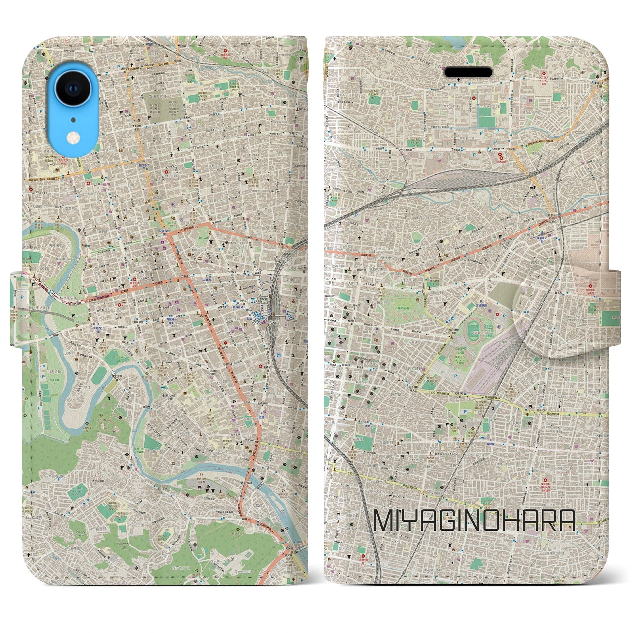 【宮城野原】地図柄iPhoneケース（手帳両面タイプ・ナチュラル）iPhone XR 用