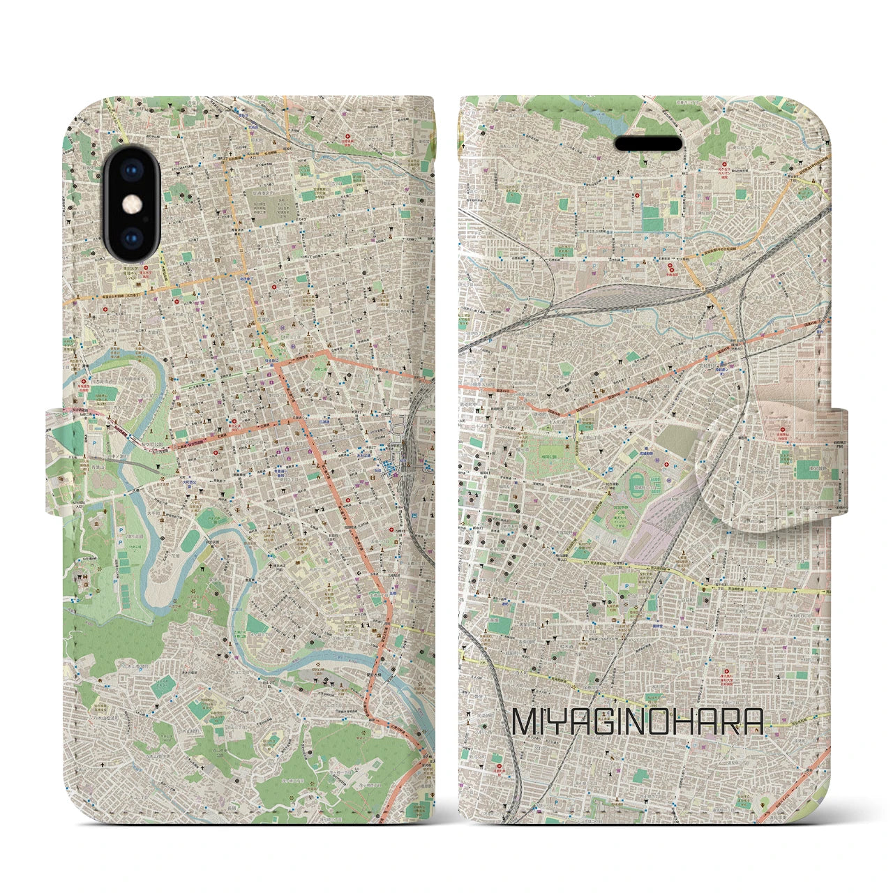 【宮城野原】地図柄iPhoneケース（手帳両面タイプ・ナチュラル）iPhone XS / X 用