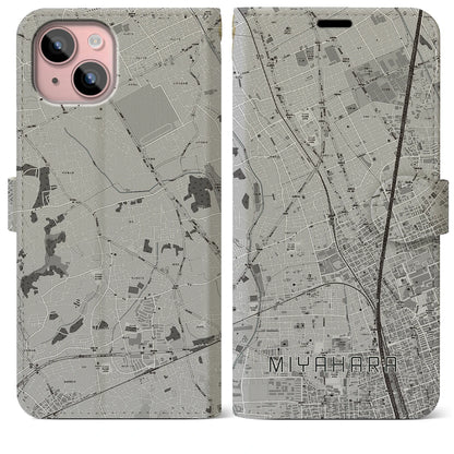 【宮原（埼玉県）】地図柄iPhoneケース（手帳タイプ）モノトーン・iPhone 15 Plus 用