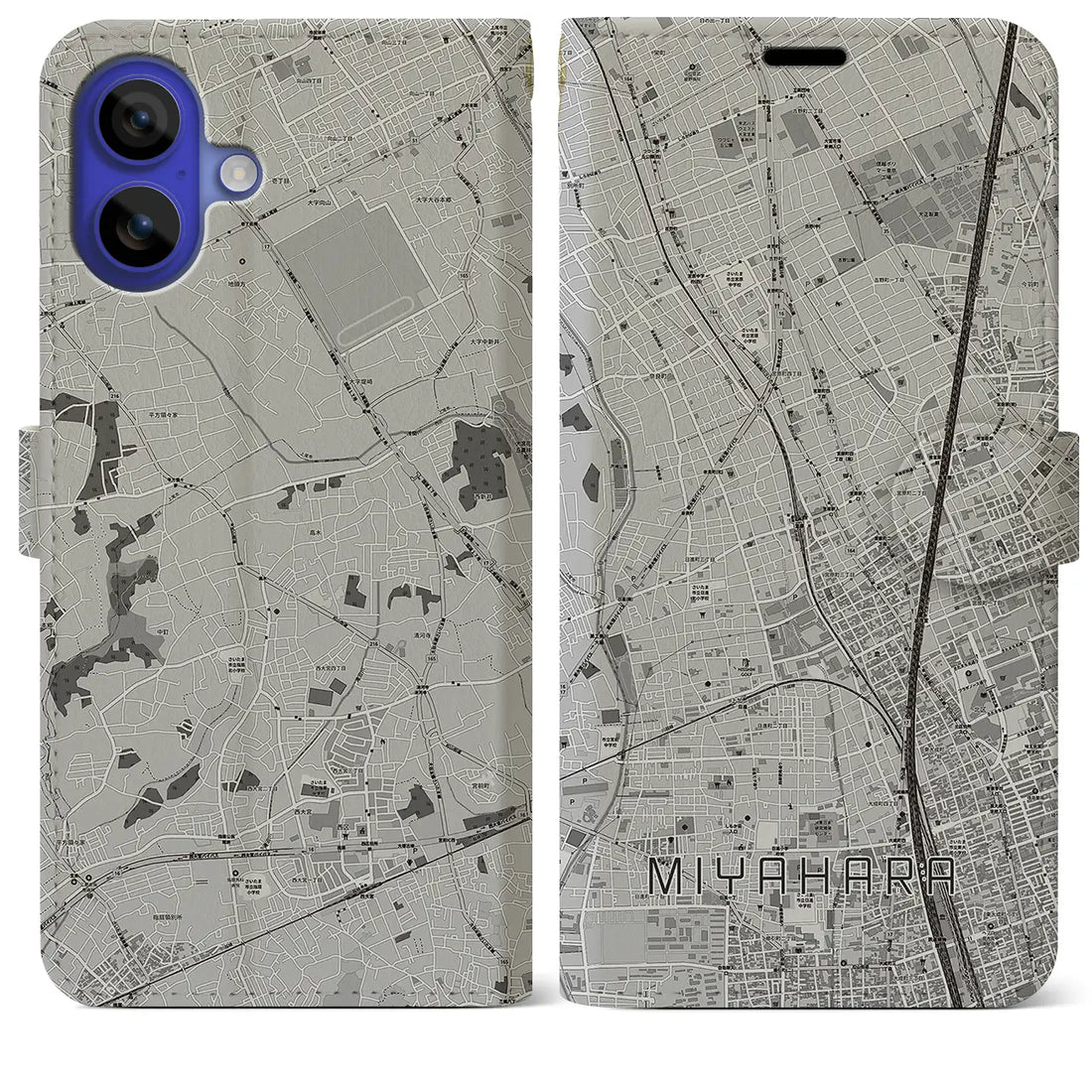 【宮原(埼玉県)】地図柄iPhoneケース(手帳タイプ)モノトーン・iPhone 16 Pro Max 用