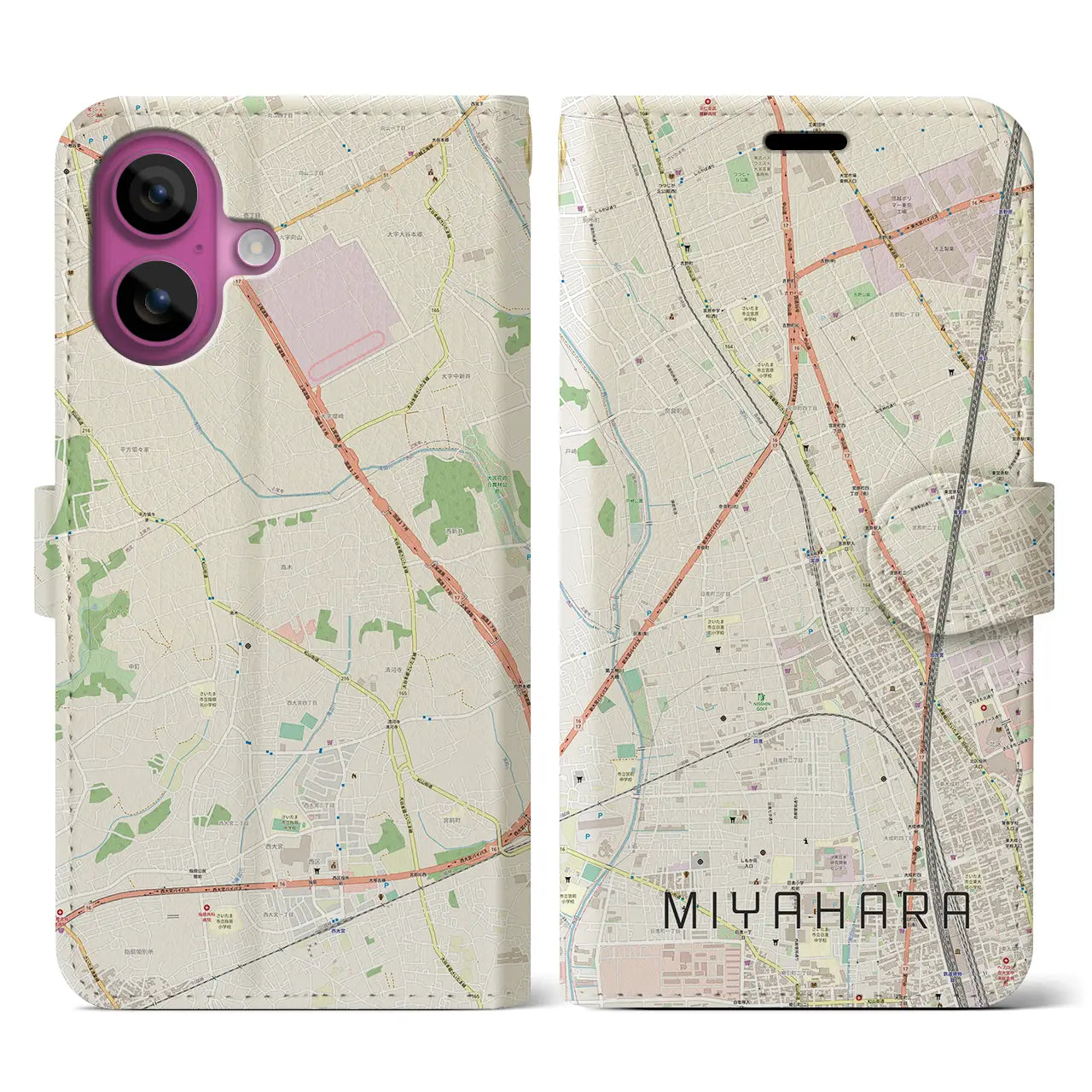 【宮原（埼玉県）】地図柄iPhoneケース（手帳タイプ）ナチュラル・iPhone 16 Pro 用