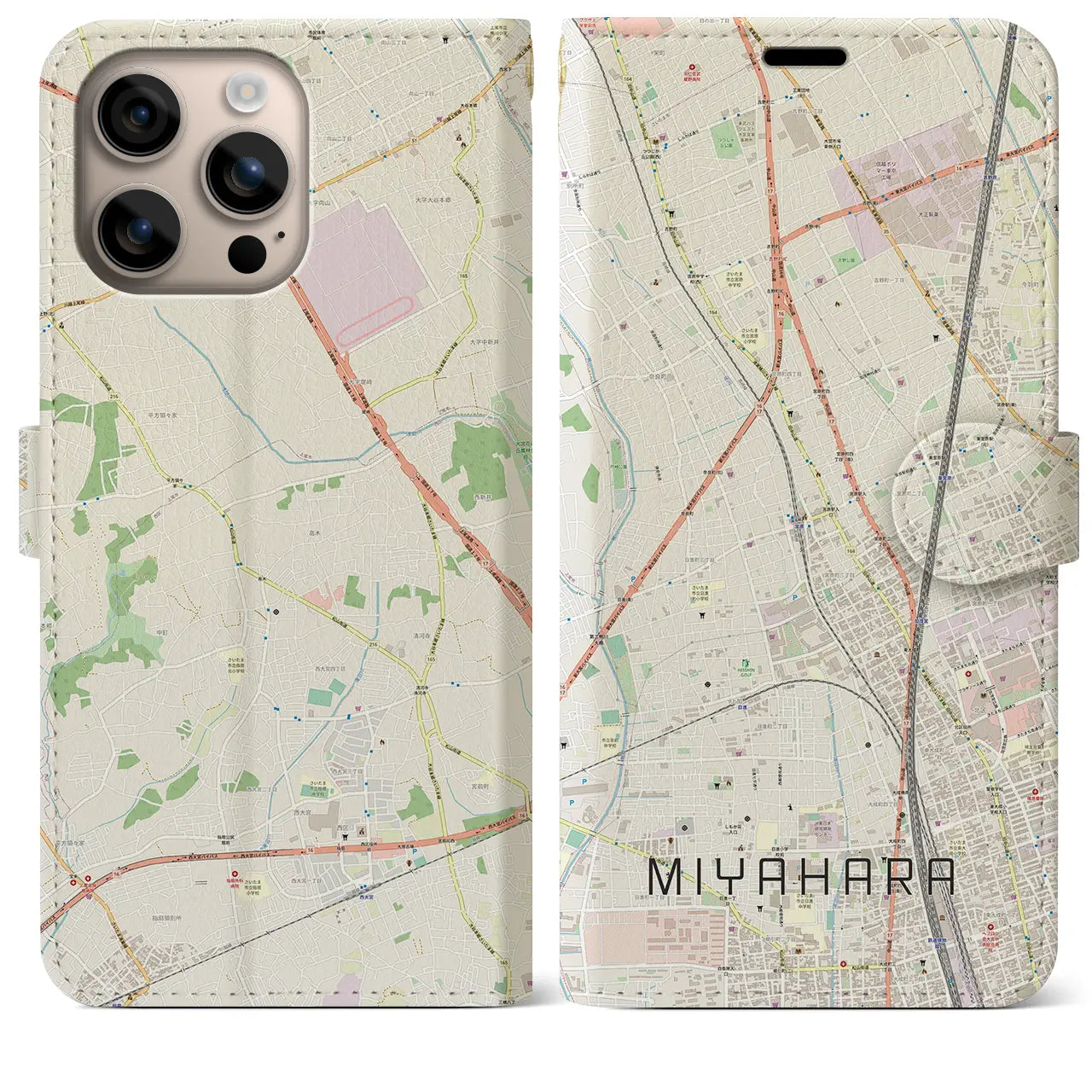 【宮原（埼玉県）】地図柄iPhoneケース（手帳タイプ）ナチュラル・iPhone 16 Plus 用