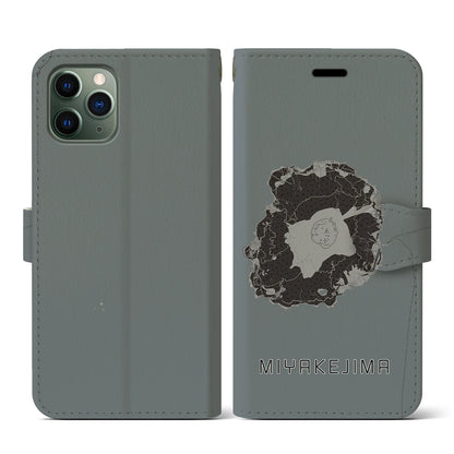 【三宅島（東京都）】地図柄iPhoneケース（手帳タイプ）モノトーン・iPhone 11 Pro 用