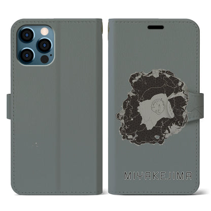 【三宅島（東京都）】地図柄iPhoneケース（手帳タイプ）モノトーン・iPhone 12 / 12 Pro 用