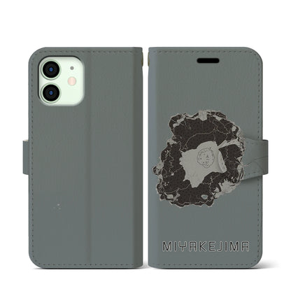 【三宅島（東京都）】地図柄iPhoneケース（手帳タイプ）モノトーン・iPhone 12 mini 用