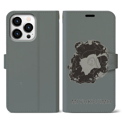 【三宅島（東京都）】地図柄iPhoneケース（手帳タイプ）モノトーン・iPhone 13 Pro 用