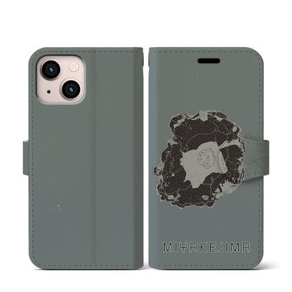 【三宅島（東京都）】地図柄iPhoneケース（手帳タイプ）モノトーン・iPhone 13 mini 用