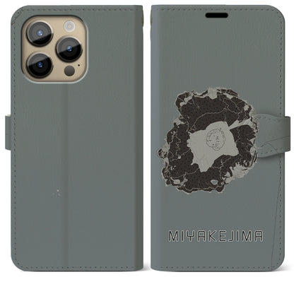 【三宅島（東京都）】地図柄iPhoneケース（手帳タイプ）モノトーン・iPhone 14 Pro Max 用