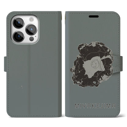 【三宅島（東京都）】地図柄iPhoneケース（手帳タイプ）モノトーン・iPhone 14 Pro 用