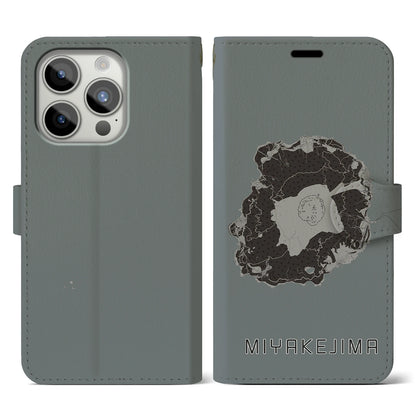 【三宅島（東京都）】地図柄iPhoneケース（手帳タイプ）モノトーン・iPhone 15 Pro 用