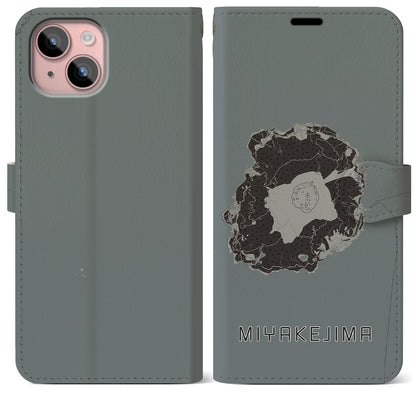 【三宅島（東京都）】地図柄iPhoneケース（手帳タイプ）モノトーン・iPhone 15 Plus 用