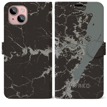 【宮古（岩手県）】地図柄iPhoneケース（手帳タイプ）モノトーン・iPhone 15 Plus 用