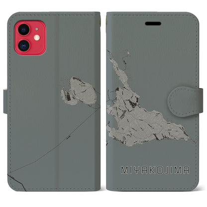 【宮古島（沖縄県）】地図柄iPhoneケース（手帳タイプ）モノトーン・iPhone 11 用