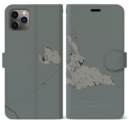 【宮古島（沖縄県）】地図柄iPhoneケース（手帳タイプ）モノトーン・iPhone 11 Pro Max 用